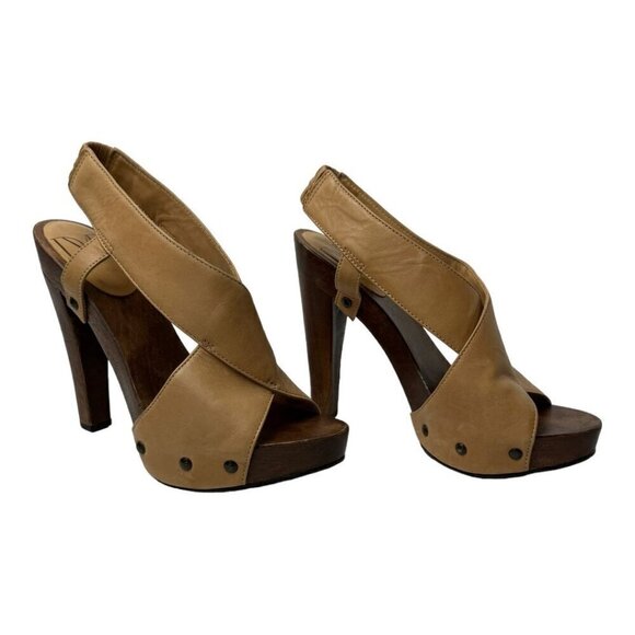 Diane Von Furstenberg Shoes Women 6 Tan Leather Open Toe Slingback Wood Heels - Picture 2 of 12
